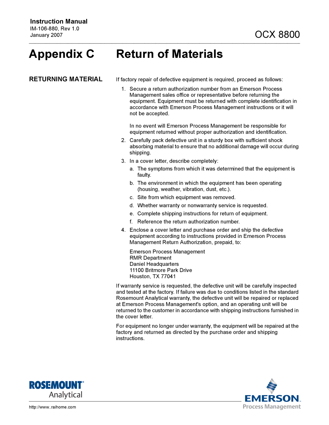 Emerson 8800 instruction manual Appendix C Return of Materials, Returning Material 