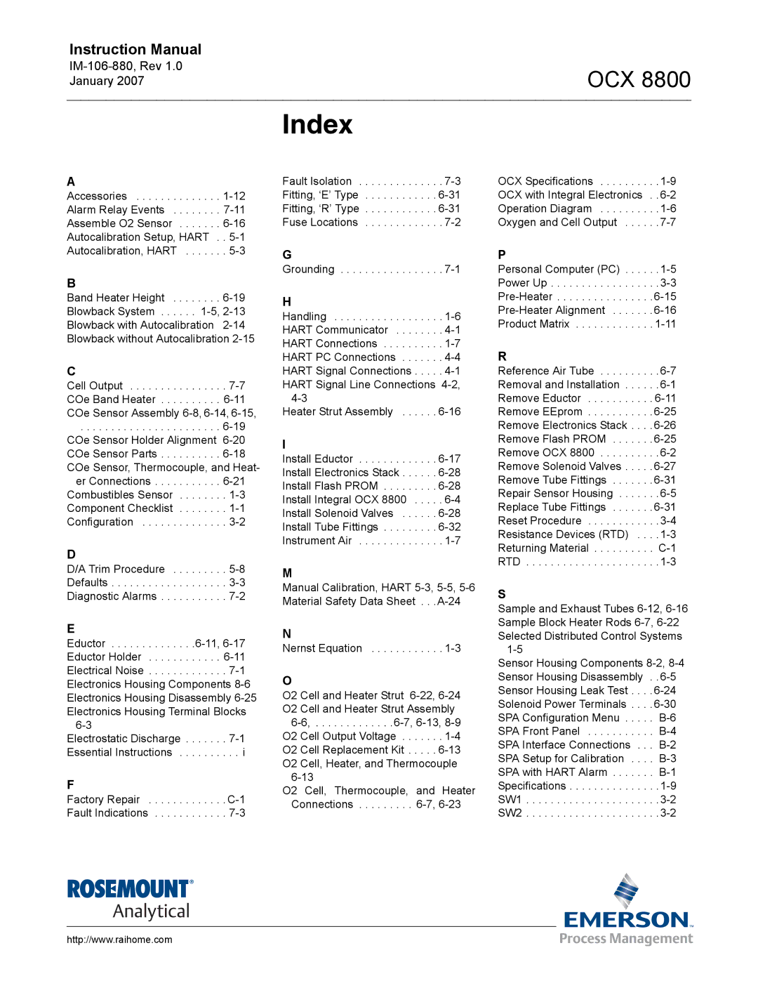 Emerson 8800 instruction manual Index 