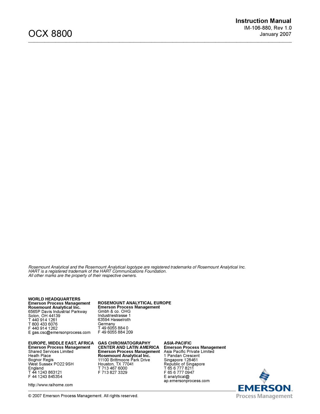 Emerson 8800 instruction manual EUROPE, Middle EAST, Africa GAS Chromatography ASIA-PACIFIC 