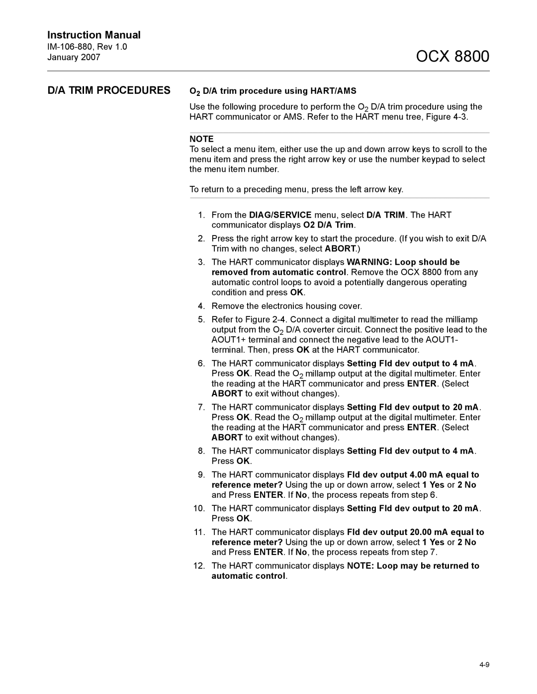 Emerson 8800 instruction manual Trim Procedures O2 D/A trim procedure using HART/AMS 