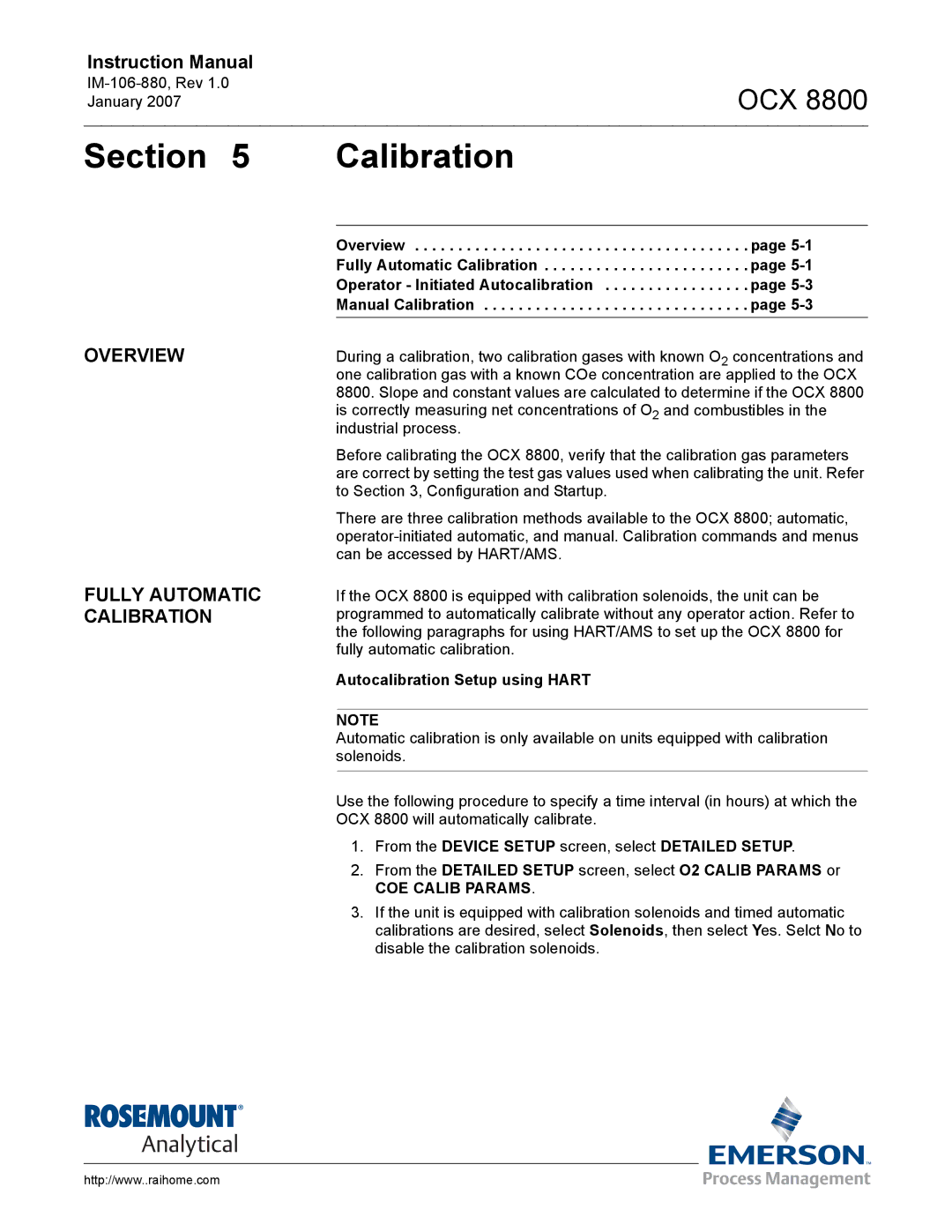 Emerson 8800 instruction manual Section Calibration, Overview Fully Automatic Calibration, Autocalibration Setup using Hart 