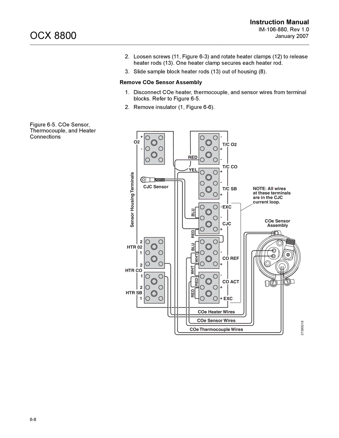 Emerson 8800 instruction manual Remove COe Sensor Assembly, COe Sensor Thermocouple, and Heater Connections 