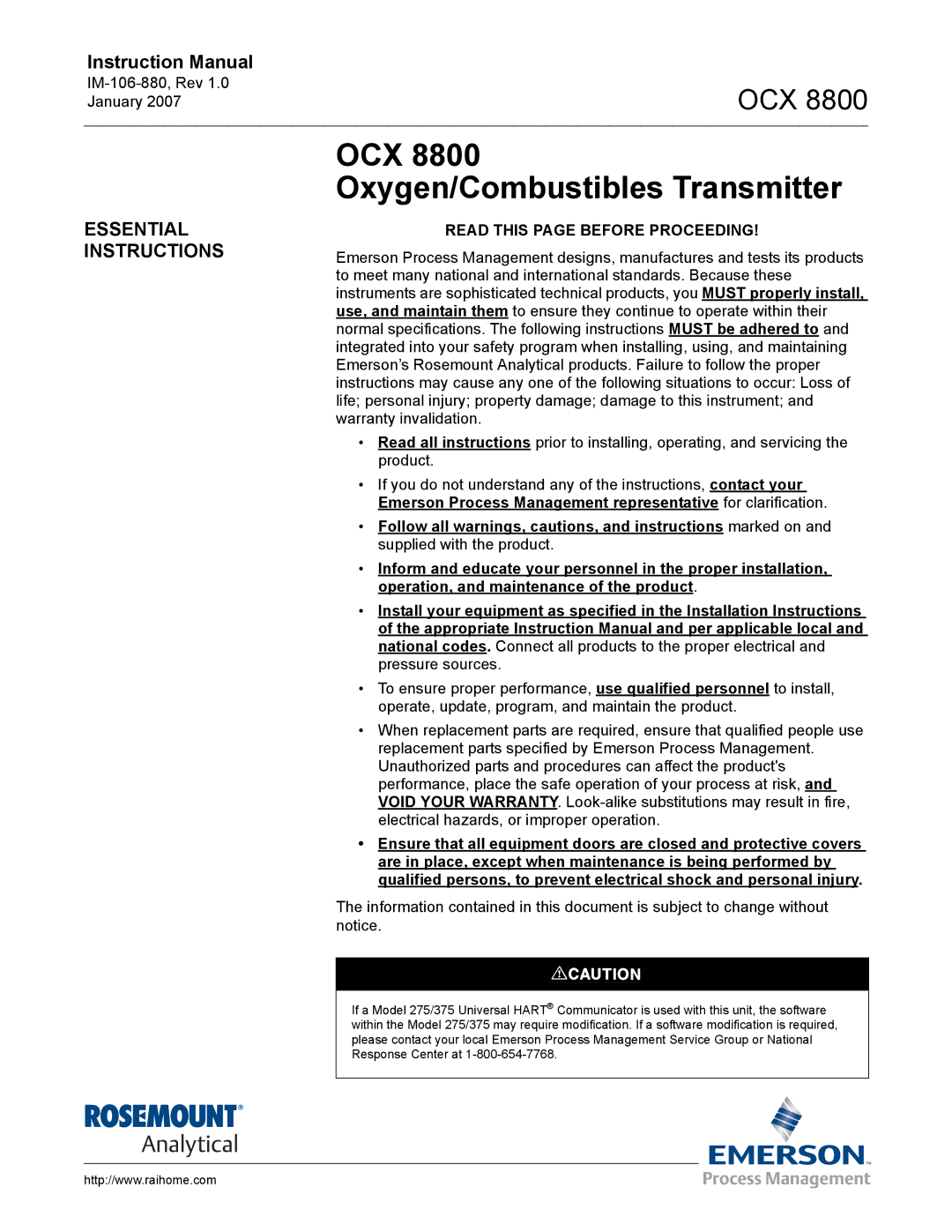 Emerson 8800 instruction manual OCX Oxygen/Combustibles Transmitter, Essential Instructions 