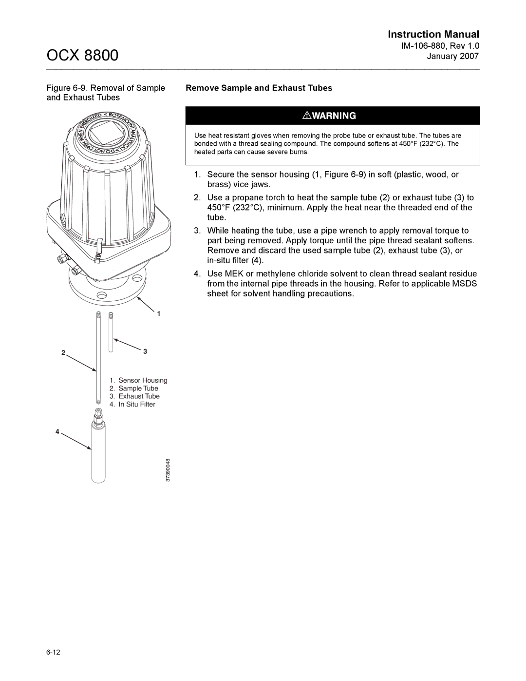 Emerson 8800 instruction manual Sensor Housing Sample Tube Exhaust Tube Situ Filter 