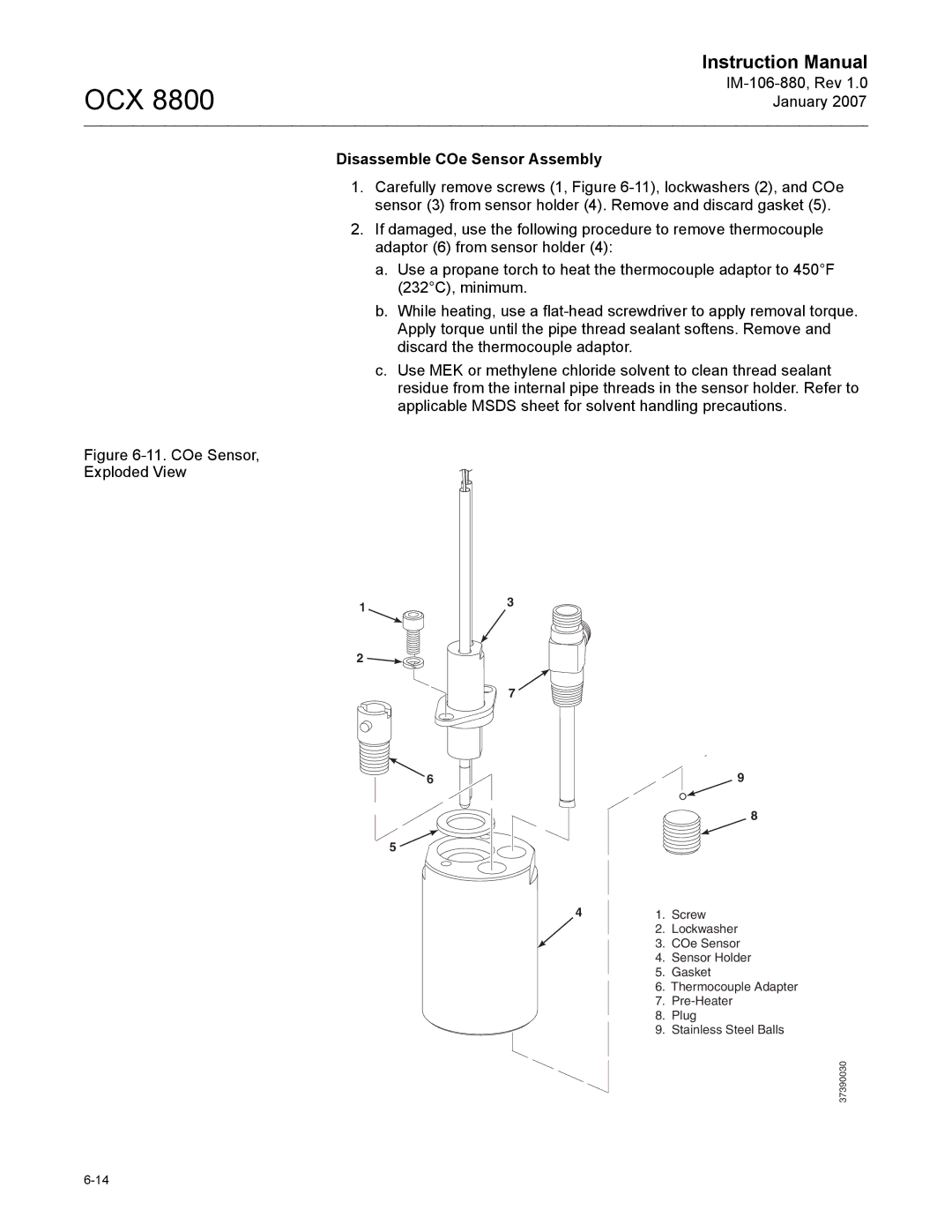 Emerson 8800 instruction manual Disassemble COe Sensor Assembly, COe Sensor Exploded View 