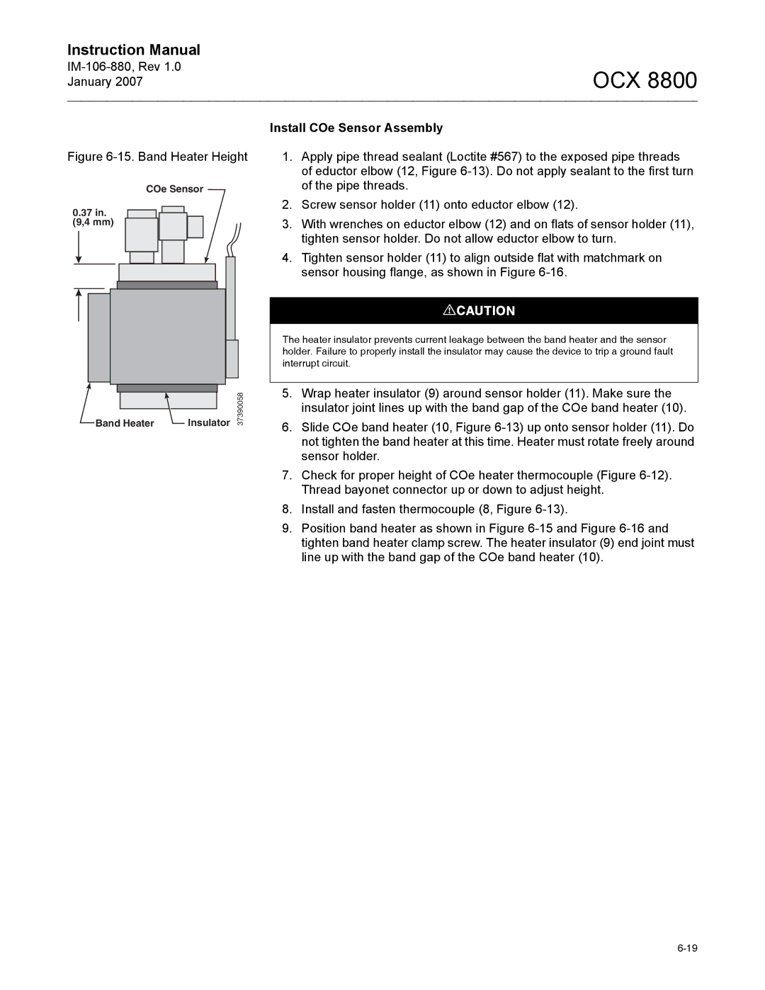 Emerson 8800 instruction manual Band Heater Height, Install COe Sensor Assembly 