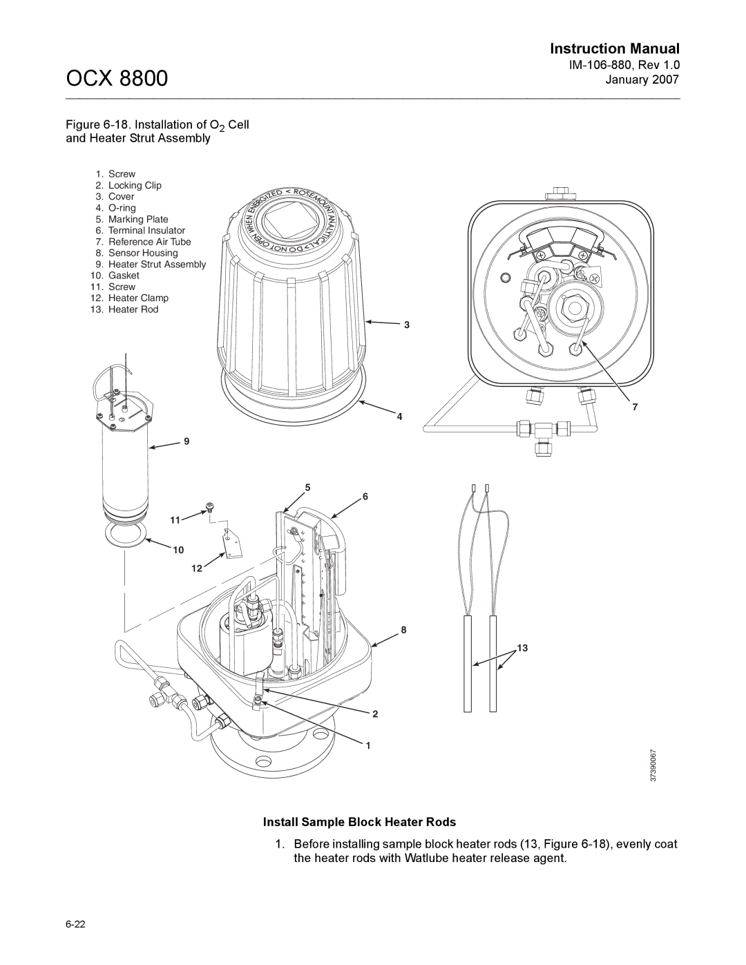 Emerson 8800 instruction manual Installation of O2 Cell and Heater Strut Assembly, Install Sample Block Heater Rods 