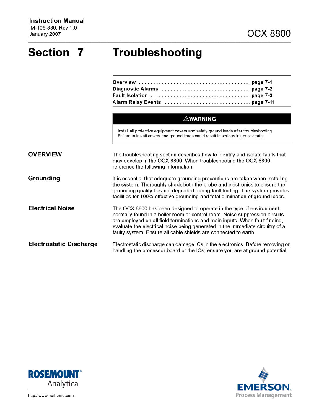 Emerson 8800 instruction manual Troubleshooting, Grounding Electrical Noise Electrostatic Discharge 