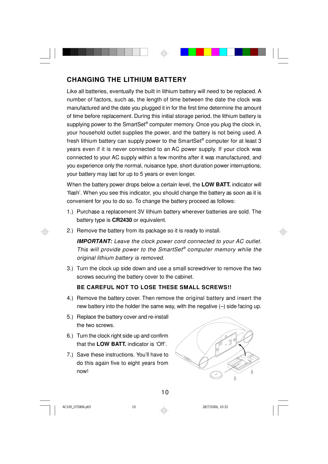 Emerson AC100 owner manual Changing the Lithium Battery, Be Careful not to Lose These Small Screws 