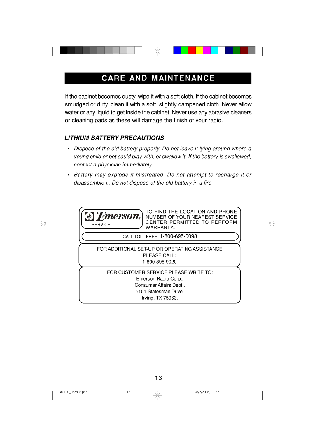 Emerson AC100 owner manual Care and M Aintenance, Lithium Battery Precautions 