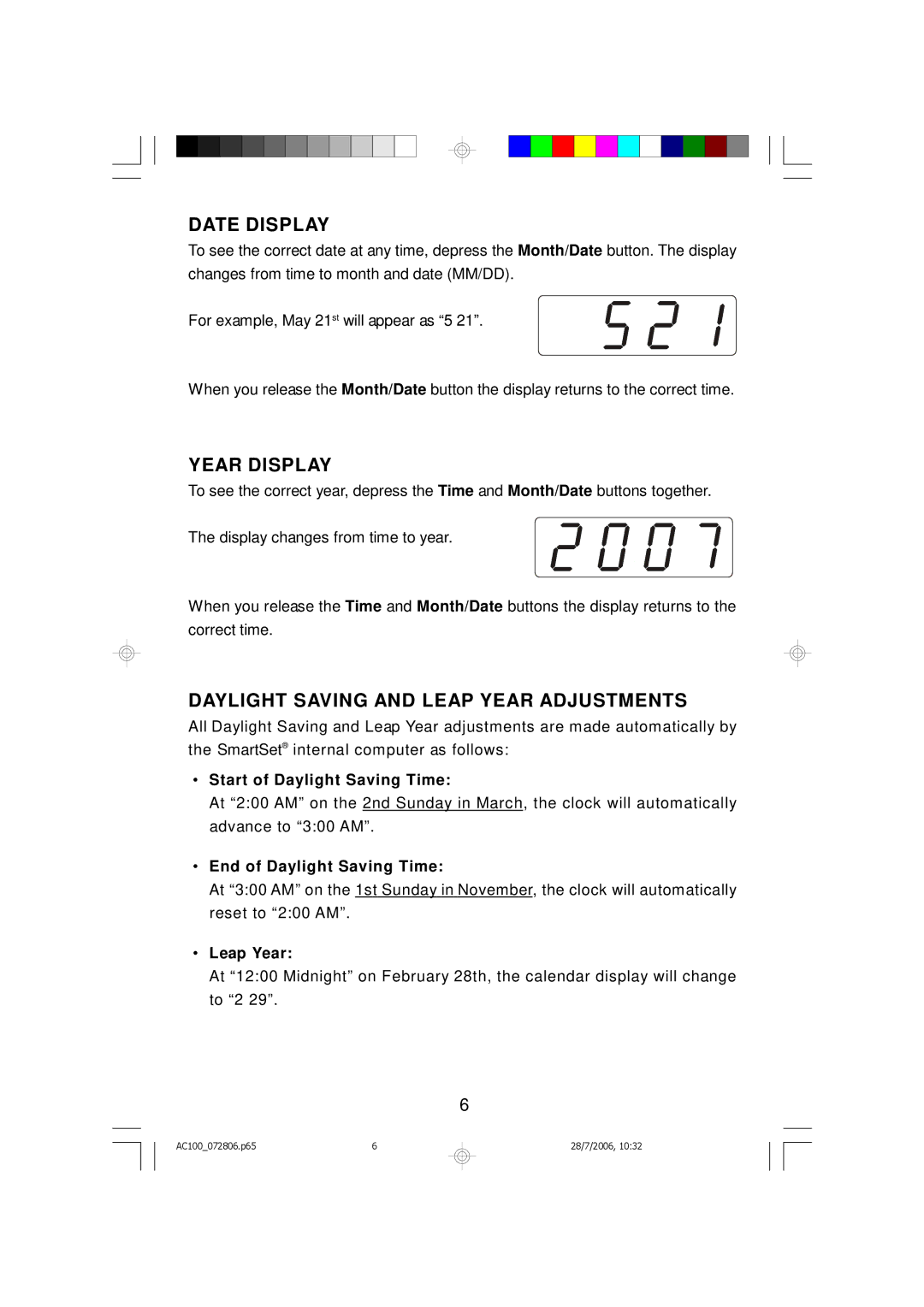 Emerson AC100 owner manual Date Display, Year Display, Daylight Saving and Leap Year Adjustments 