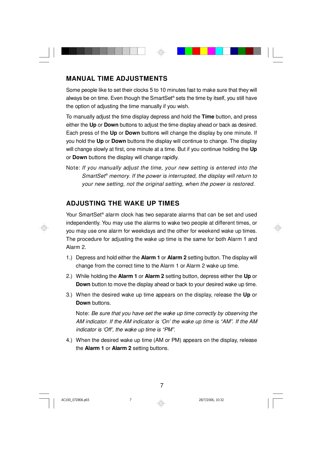 Emerson AC100 owner manual Manual Time Adjustments, Adjusting the Wake UP Times 