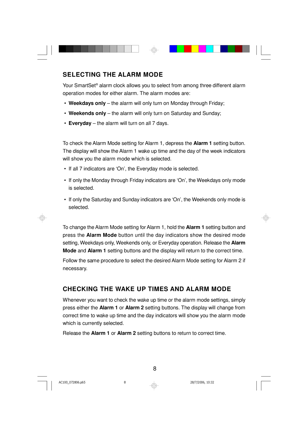 Emerson AC100 owner manual Selecting the Alarm Mode, Checking the Wake UP Times and Alarm Mode 