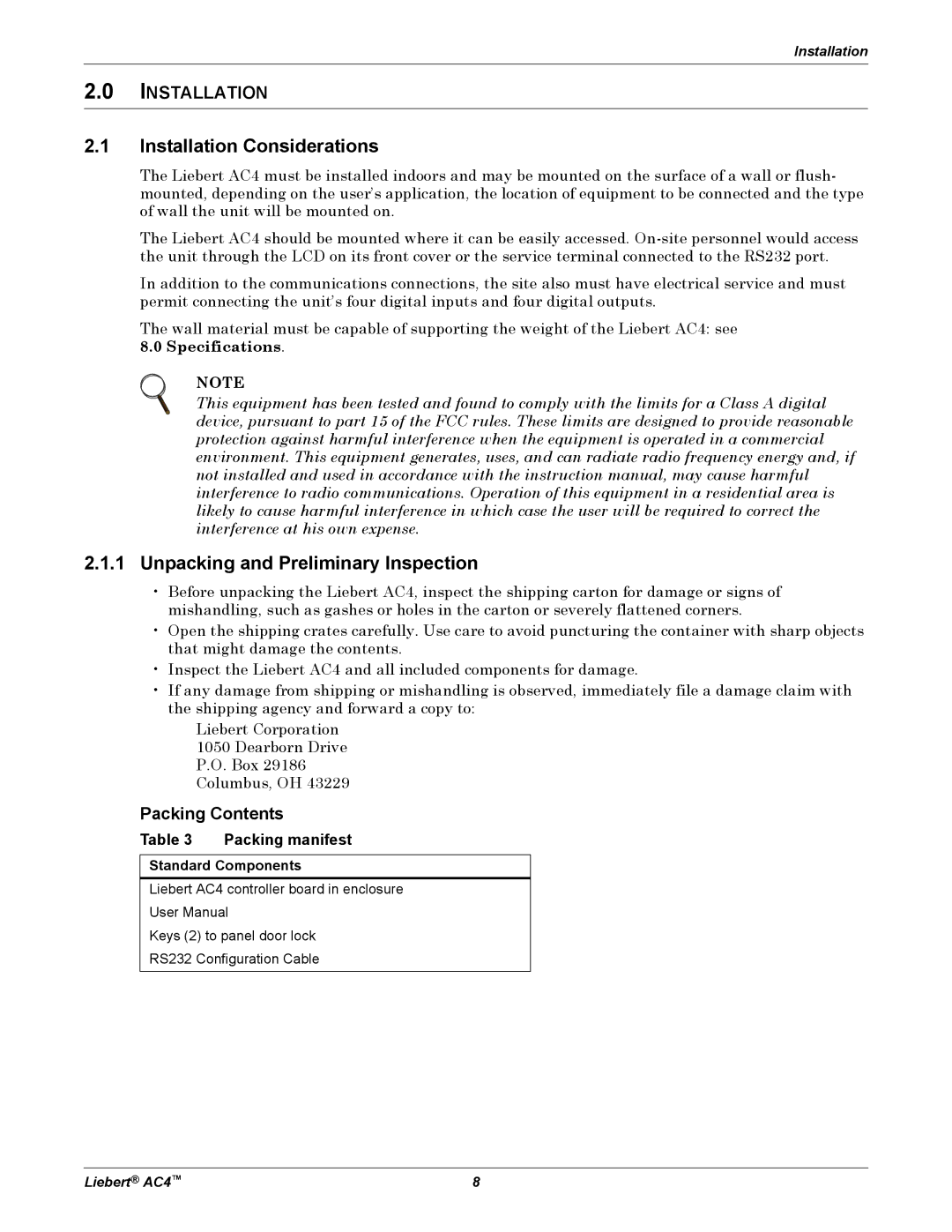 Emerson AC4 user manual Installation Considerations, Unpacking and Preliminary Inspection, Packing Contents 