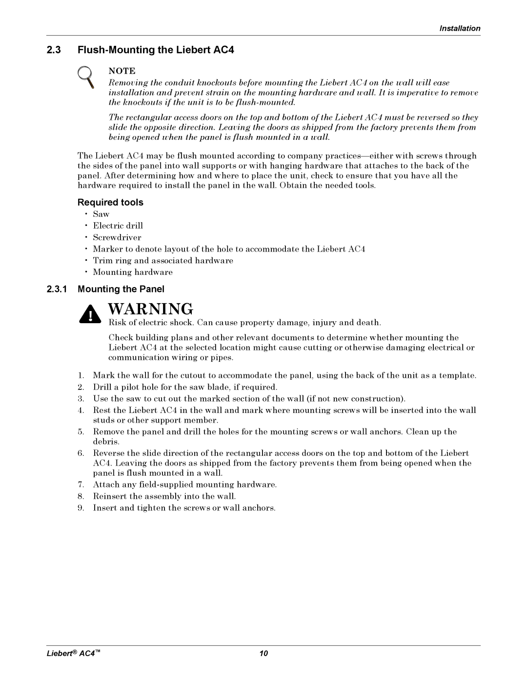 Emerson user manual Flush-Mounting the Liebert AC4 