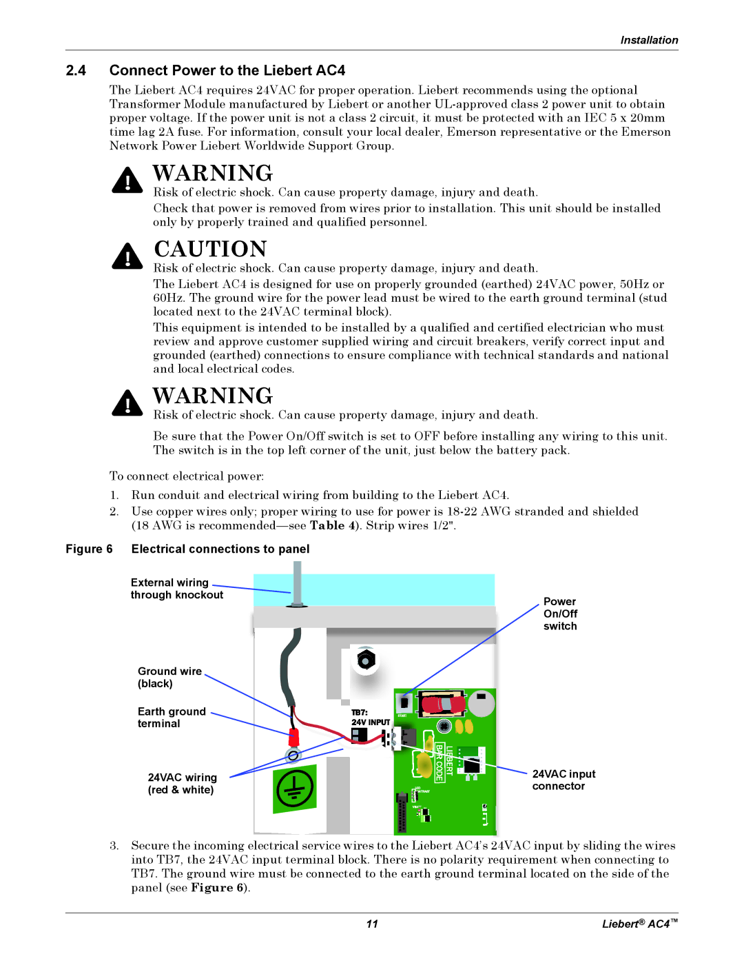 Emerson user manual Connect Power to the Liebert AC4, Electrical connections to panel 