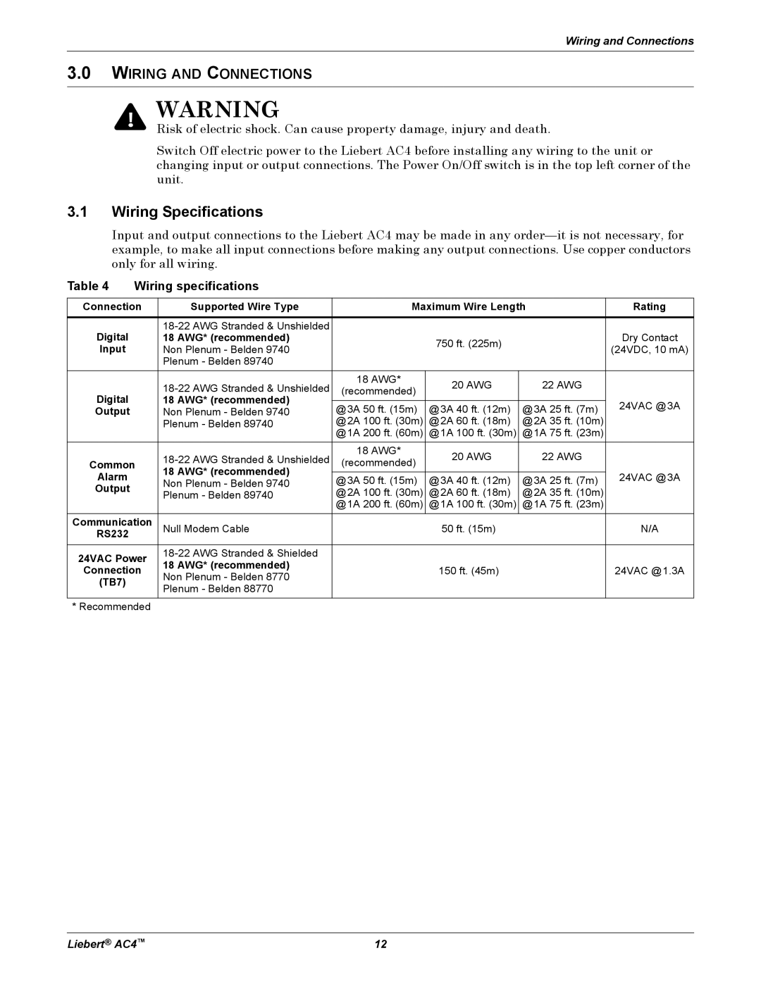 Emerson AC4 user manual Wiring Specifications, Wiring and Connections, Wiring specifications 