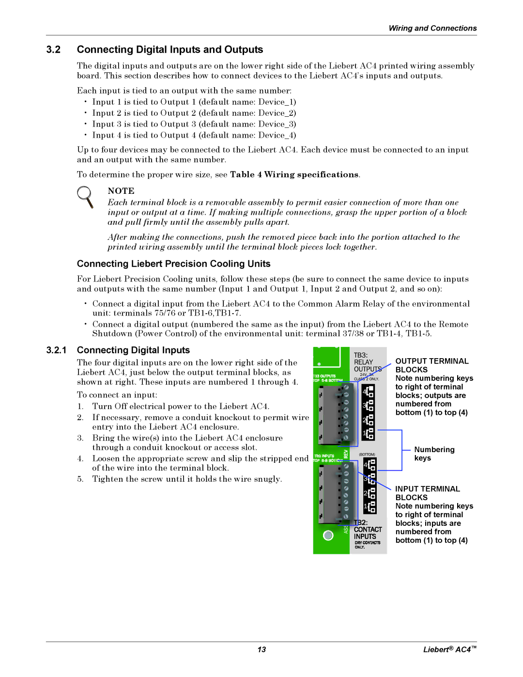 Emerson AC4 user manual Connecting Digital Inputs and Outputs, Connecting Liebert Precision Cooling Units, Numbering keys 