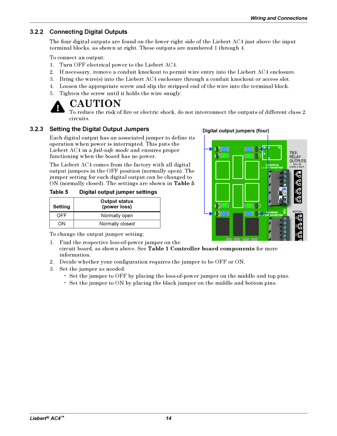 Emerson AC4 user manual Connecting Digital Outputs, Setting the Digital Output Jumpers, Digital output jumper settings 