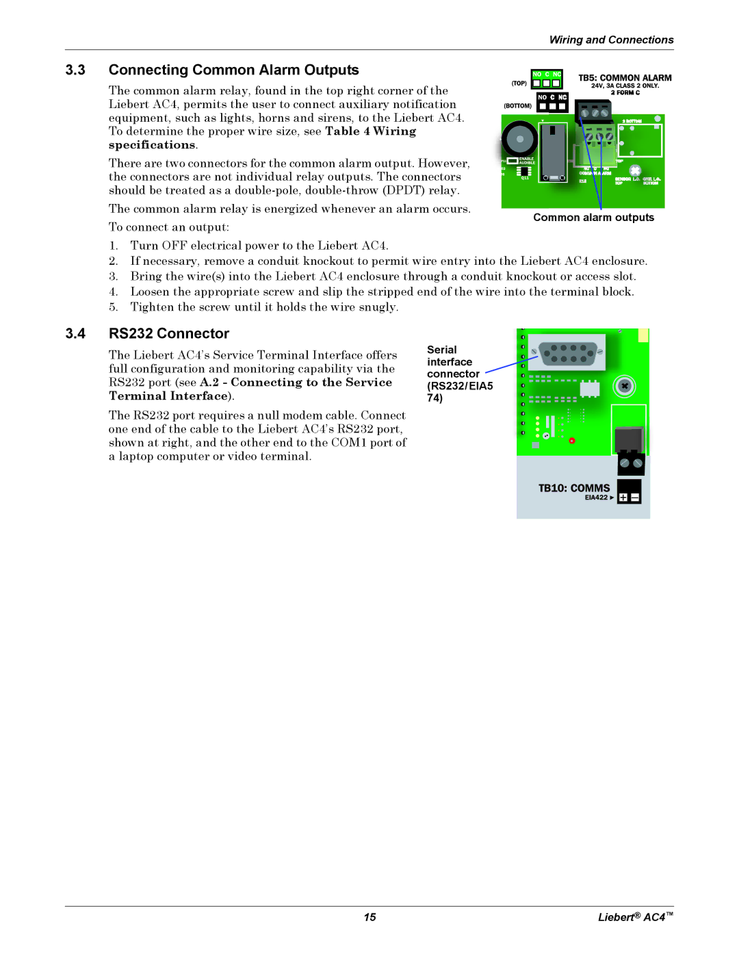 Emerson AC4 Connecting Common Alarm Outputs, RS232 Connector, Common alarm outputs, Serial interface connector RS232/EIA5 