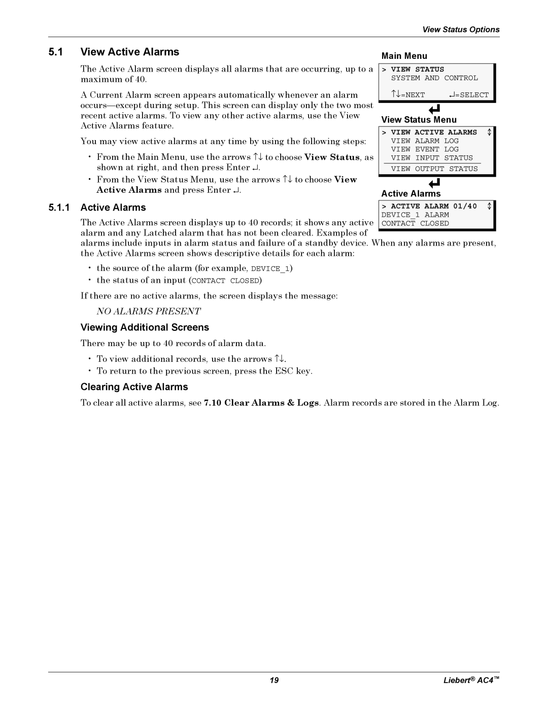 Emerson AC4 user manual View Active Alarms, Viewing Additional Screens, Clearing Active Alarms 