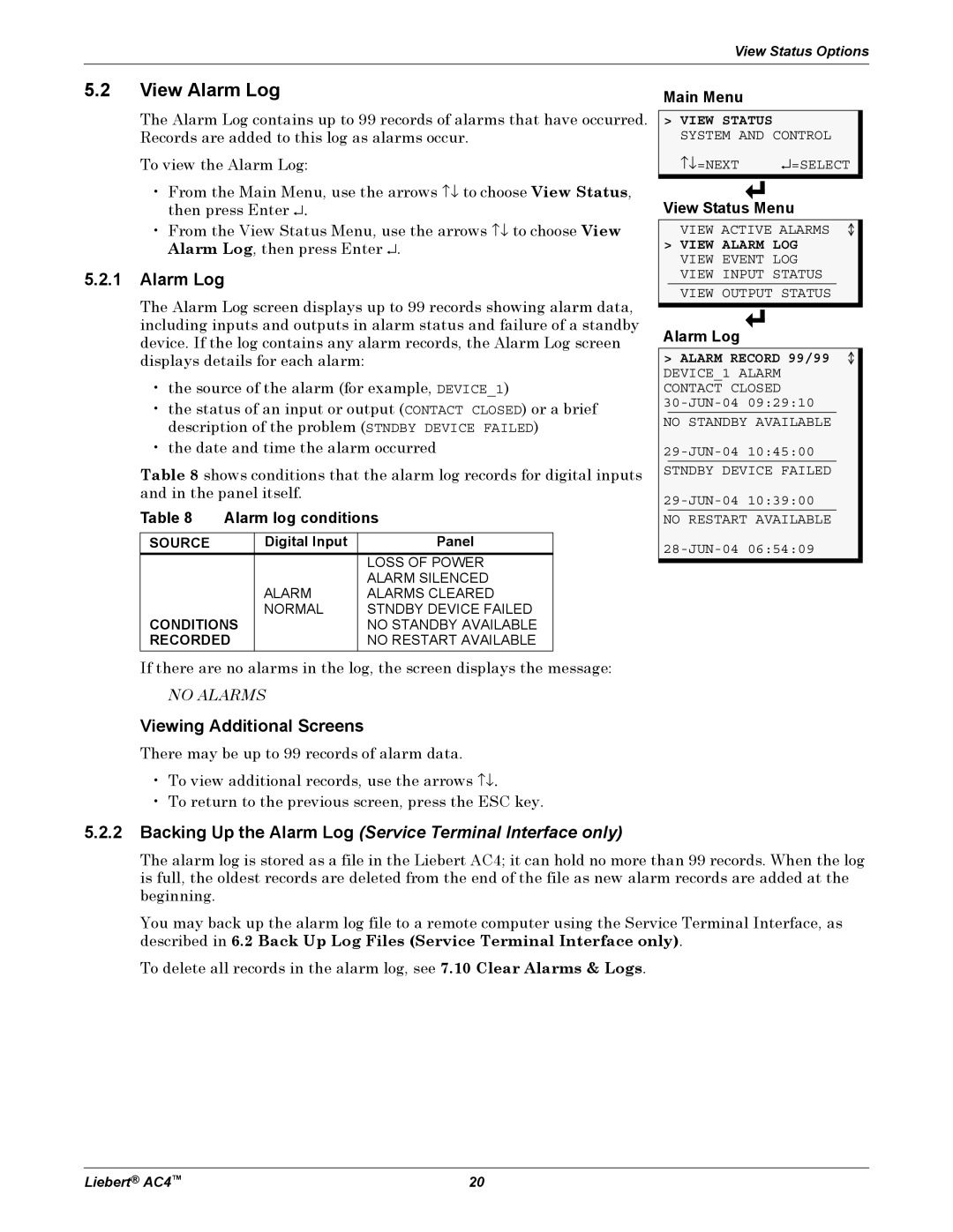 Emerson AC4 user manual View Alarm Log, Alarm log conditions, Digital Input Panel 