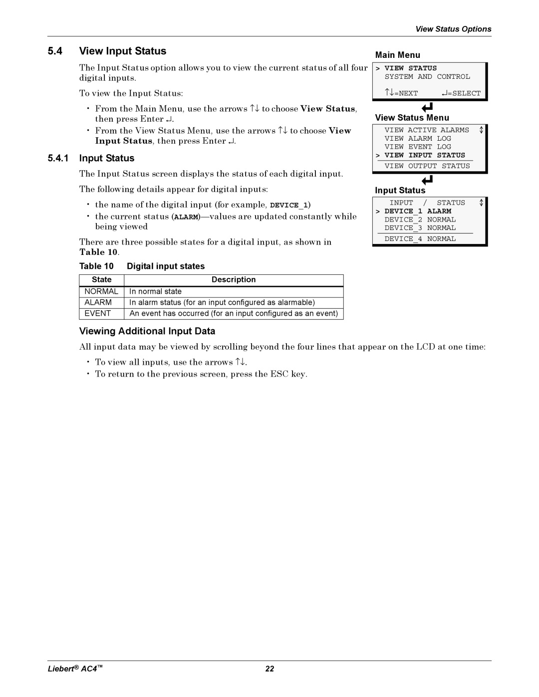 Emerson AC4 user manual View Input Status, Viewing Additional Input Data, Digital input states 