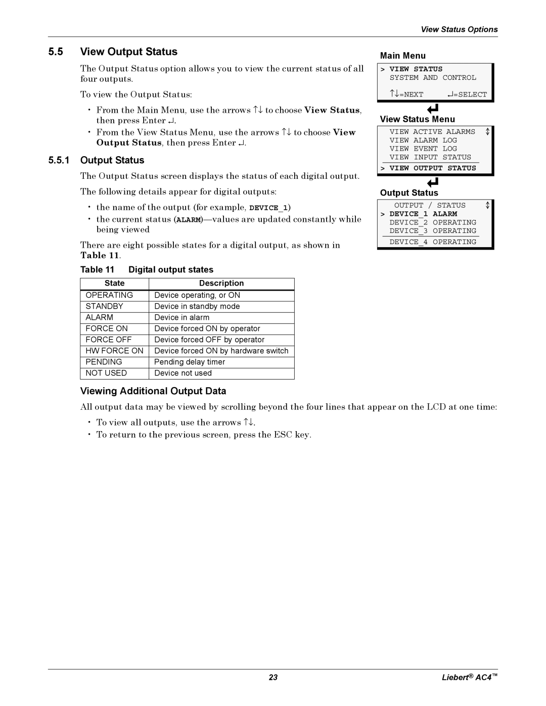 Emerson AC4 user manual View Output Status, Viewing Additional Output Data, Digital output states 