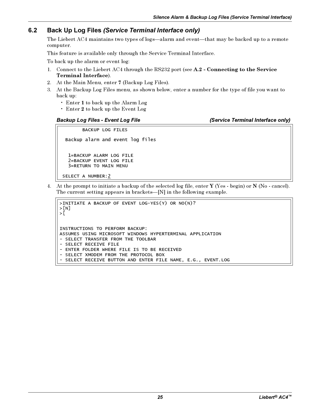 Emerson AC4 user manual Back Up Log Files Service Terminal Interface only 