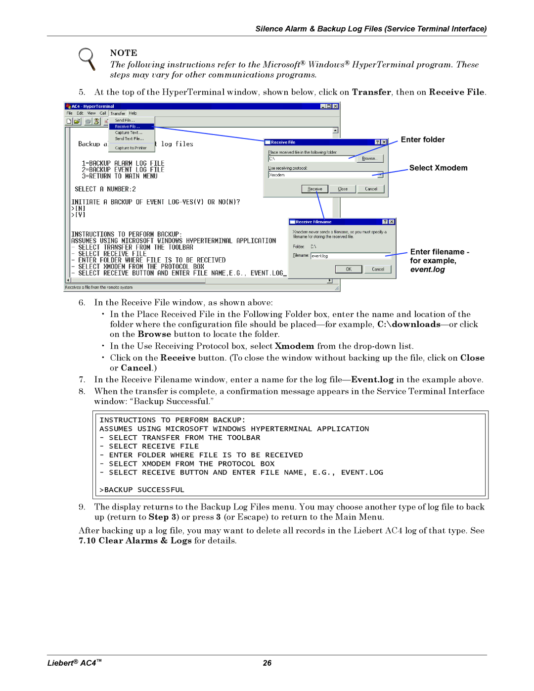 Emerson AC4 user manual Silence Alarm & Backup Log Files Service Terminal Interface 