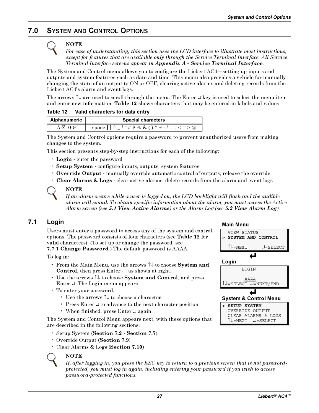 Emerson AC4 user manual Login, System and Control Options, Valid characters for data entry, System & Control Menu 