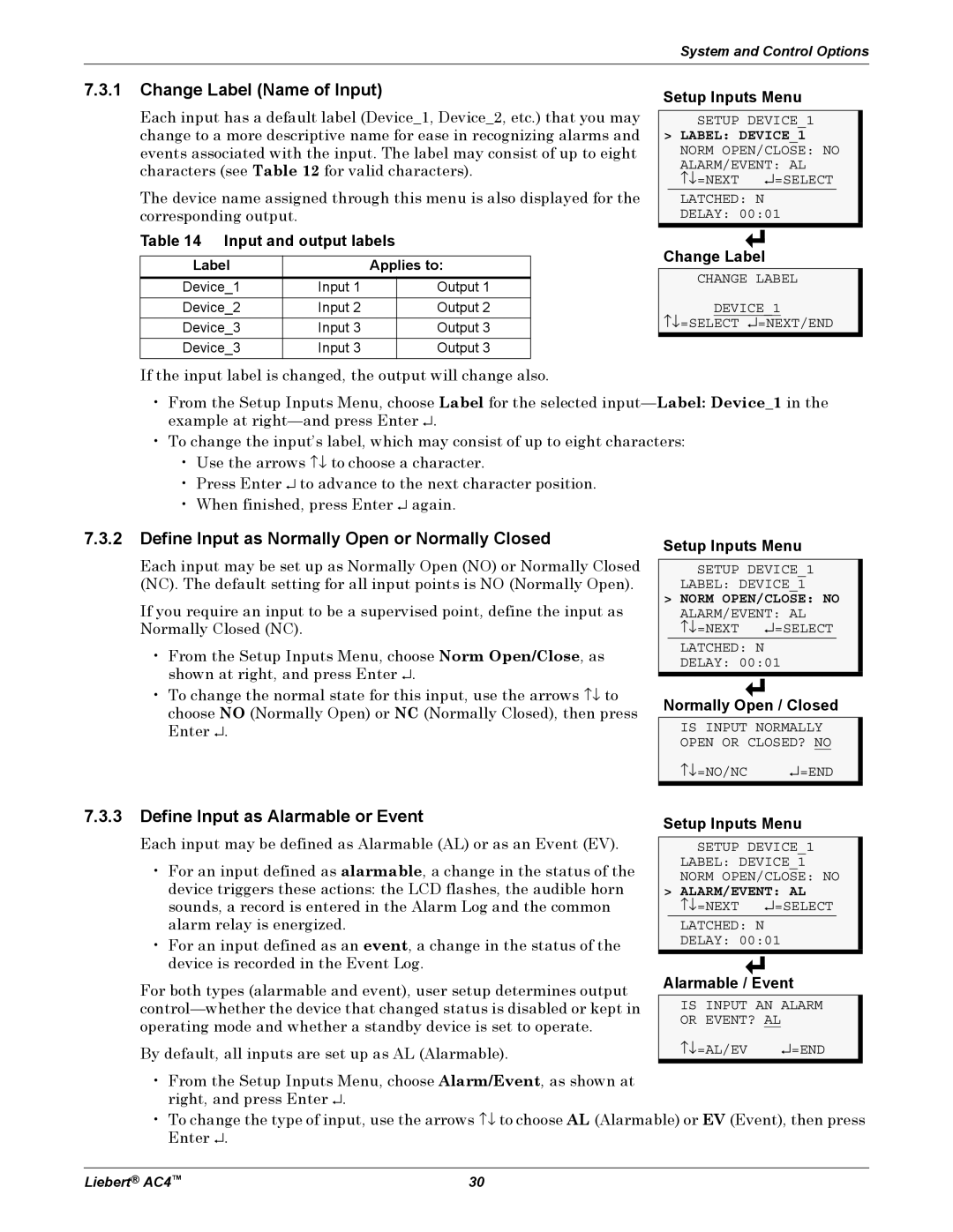 Emerson AC4 user manual Change Label Name of Input, Define Input as Normally Open or Normally Closed 