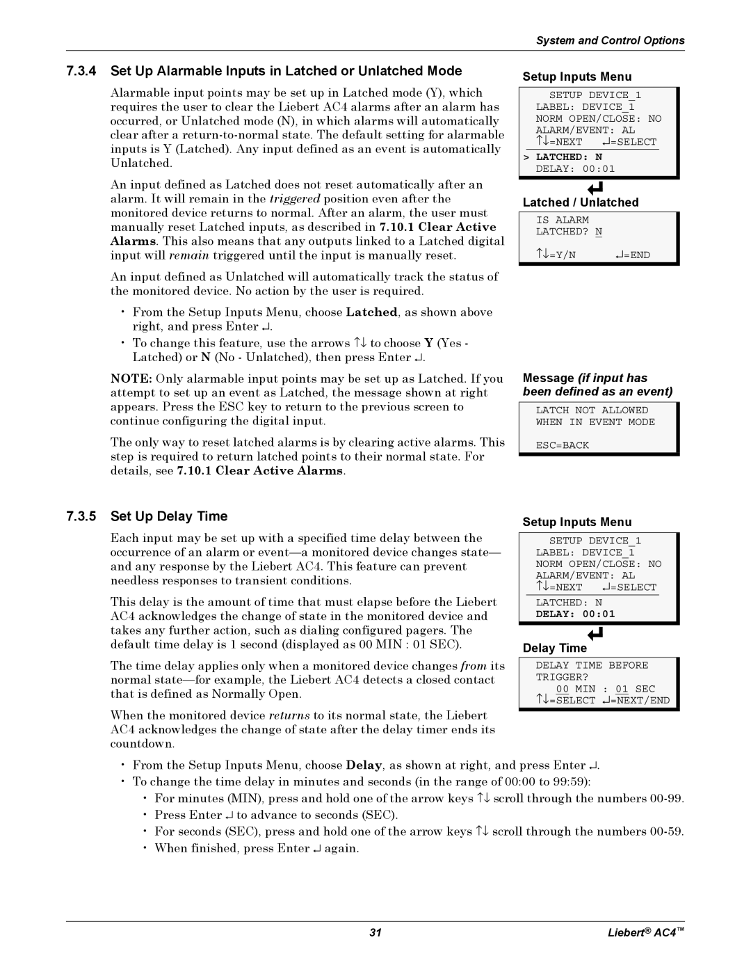 Emerson AC4 user manual Set Up Alarmable Inputs in Latched or Unlatched Mode, Set Up Delay Time, Latched / Unlatched 