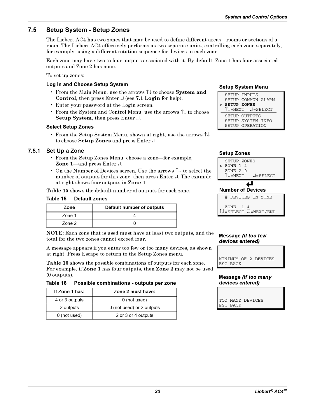 Emerson AC4 user manual Setup System Setup Zones, Set Up a Zone, Message if too few devices entered 