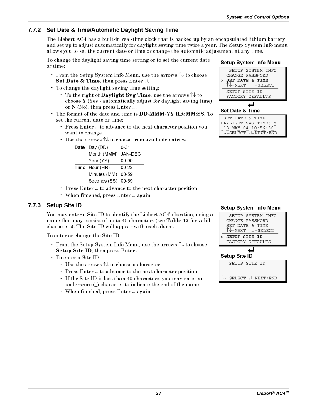 Emerson AC4 user manual Set Date & Time/Automatic Daylight Saving Time, Setup Site ID 