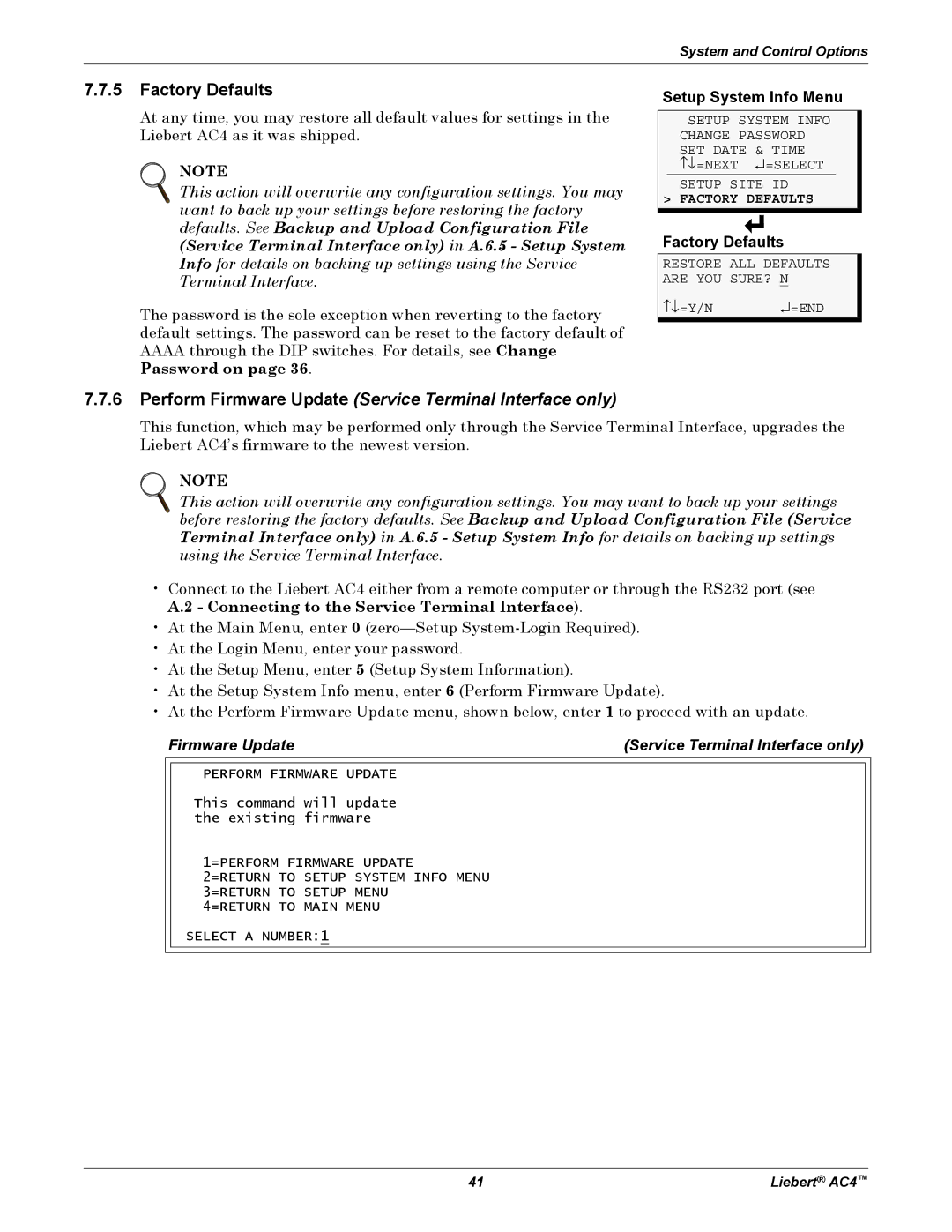 Emerson AC4 user manual Factory Defaults, Firmware Update Service Terminal Interface only 