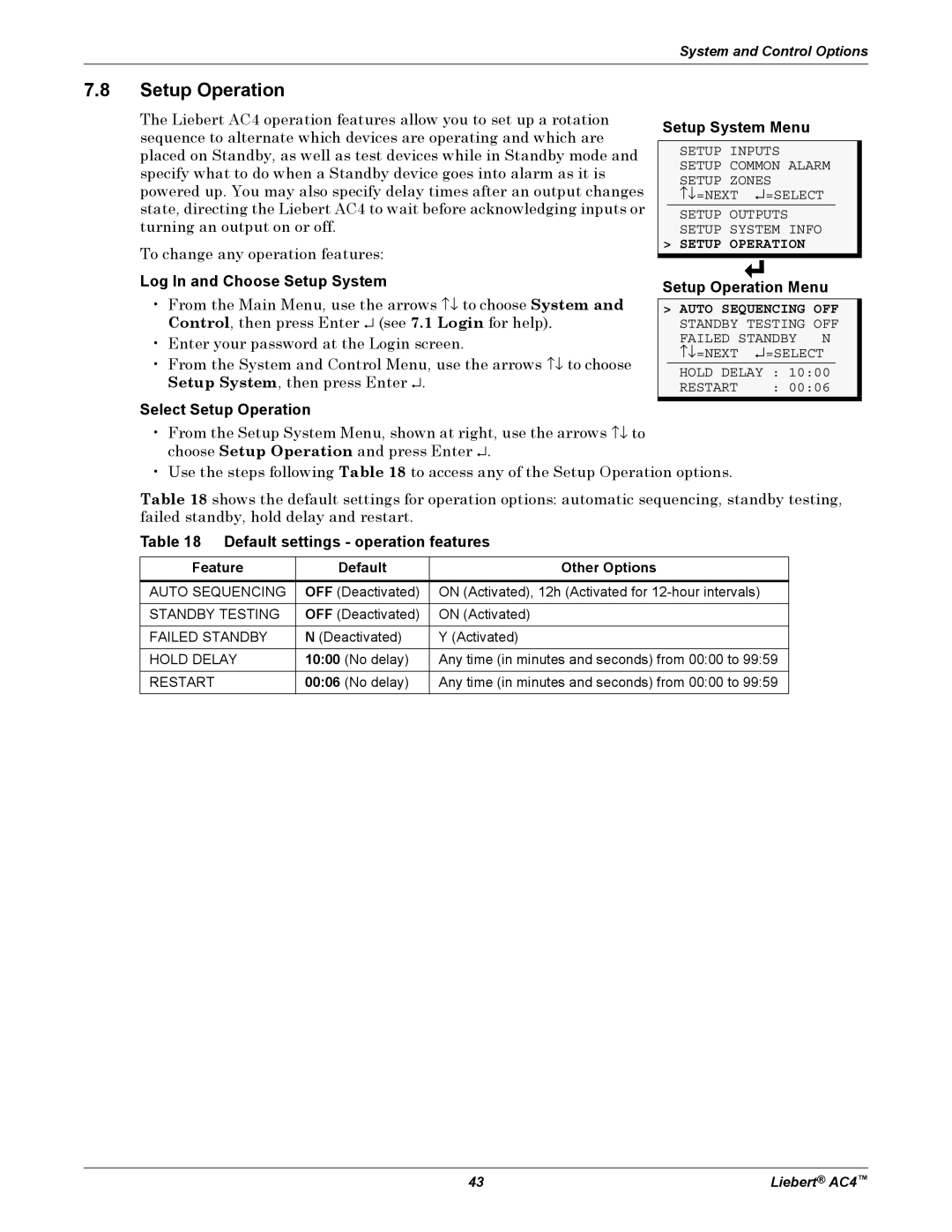 Emerson AC4 user manual Select Setup Operation, Setup Operation Menu, Default settings operation features 