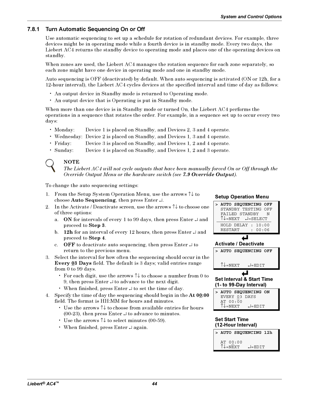 Emerson AC4 Turn Automatic Sequencing On or Off, Activate / Deactivate, Set Interval & Start Time 1- to 99-Day Interval 