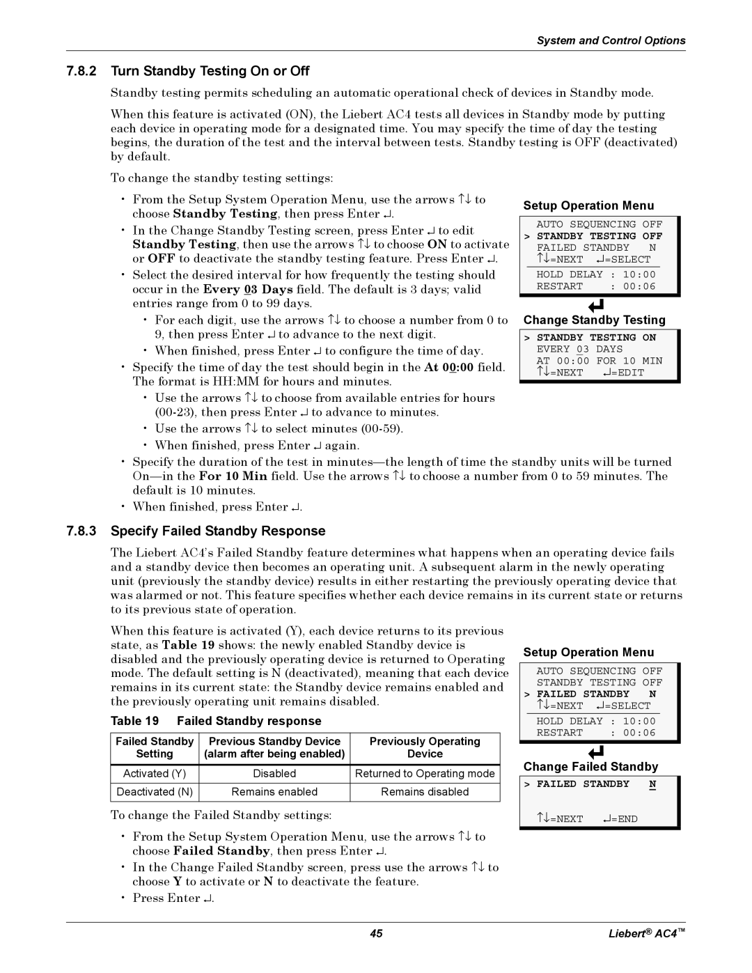 Emerson AC4 Turn Standby Testing On or Off, Specify Failed Standby Response, Change Standby Testing, Change Failed Standby 