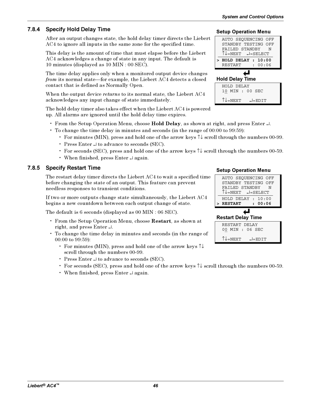 Emerson AC4 user manual Specify Hold Delay Time, Specify Restart Time, Restart Delay Time, Setup Operation Menu 