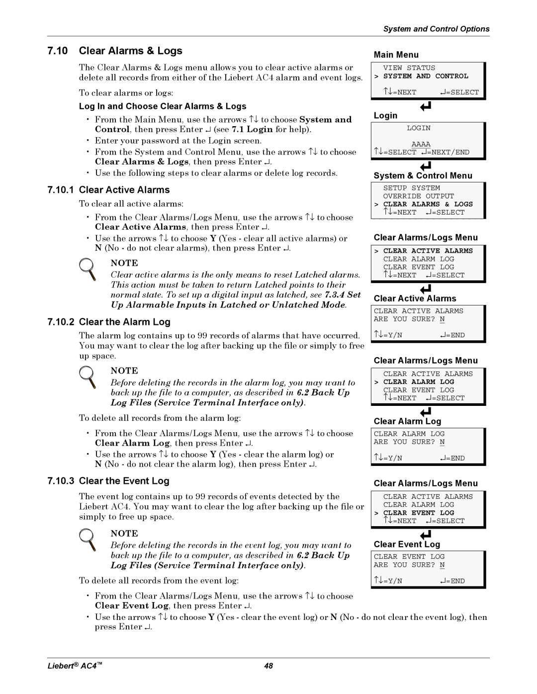 Emerson AC4 user manual Clear Alarms & Logs, Clear Active Alarms, Clear the Alarm Log, Clear the Event Log 