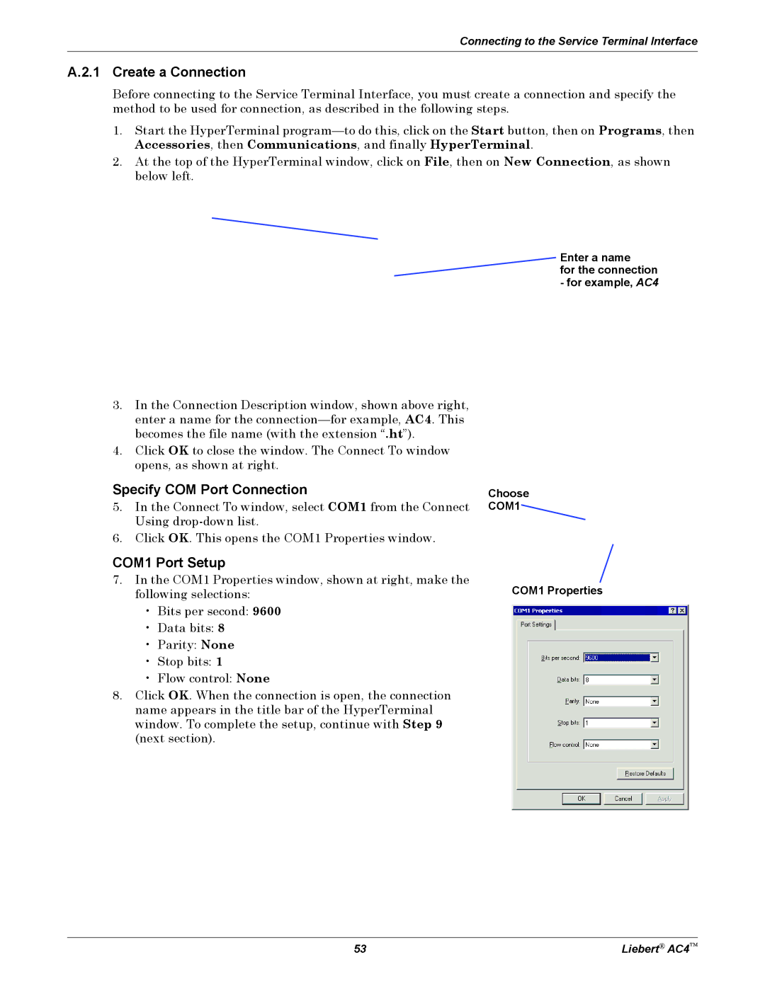 Emerson AC4 user manual Create a Connection, Specify COM Port Connection, COM1 Port Setup 