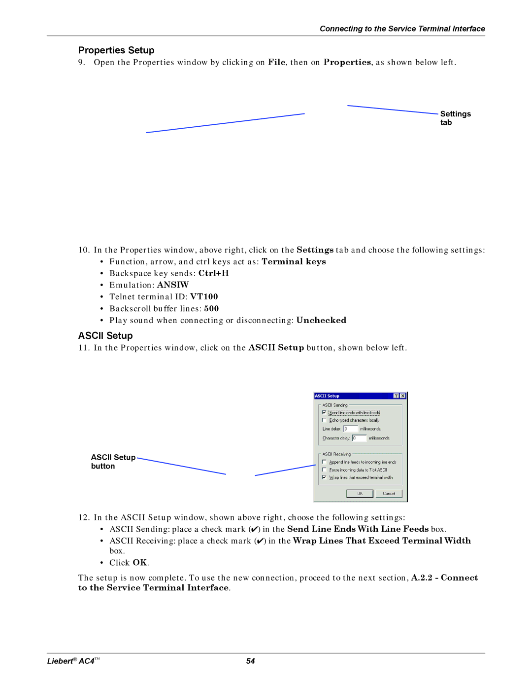 Emerson AC4 user manual Properties Setup, Settings tab, Ascii Setup button 