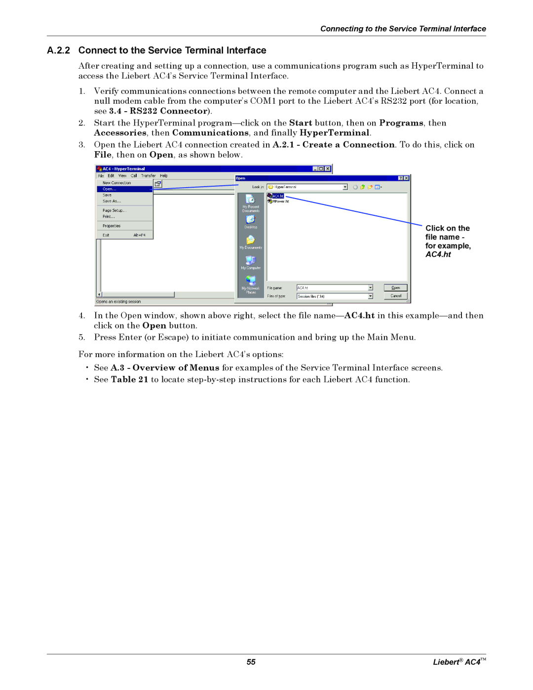 Emerson user manual Connect to the Service Terminal Interface, Click on the file name for example, AC4.ht 