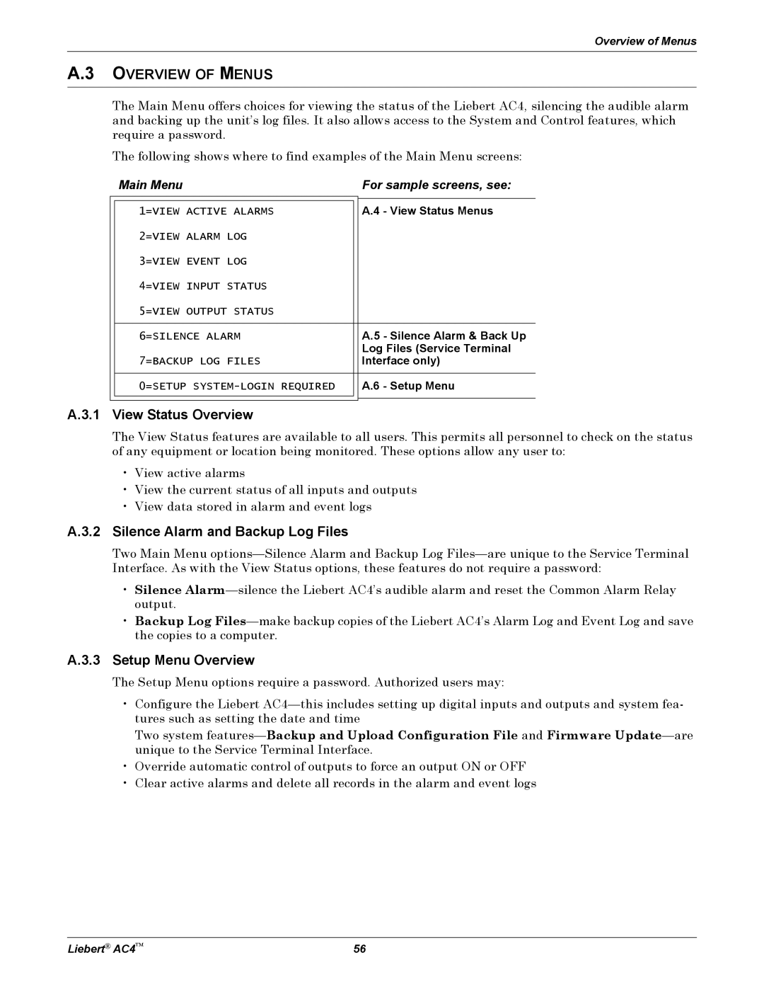 Emerson AC4 user manual View Status Overview, Silence Alarm and Backup Log Files, Setup Menu Overview 