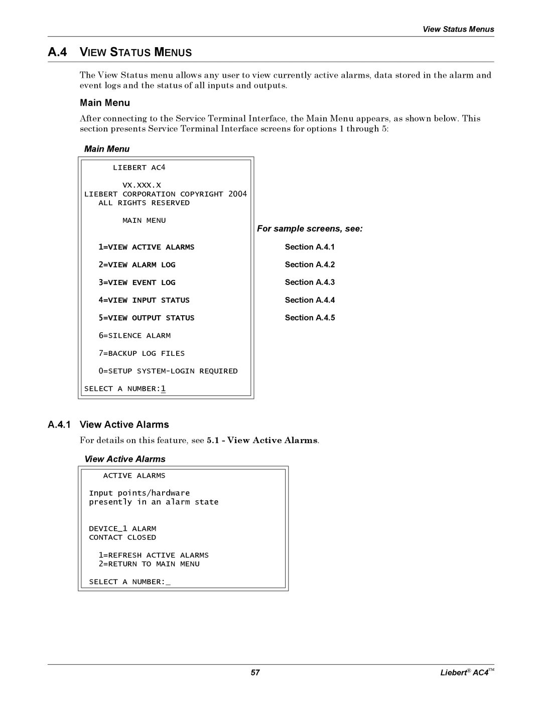 Emerson AC4 user manual View Status Menus, Main Menu, View Active Alarms 