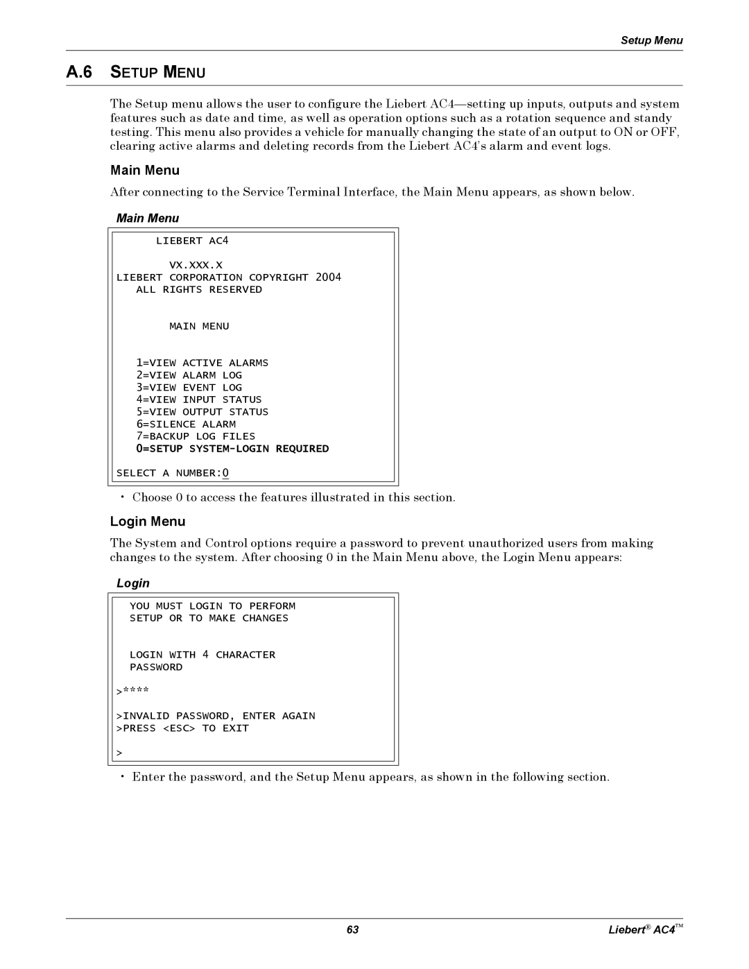 Emerson AC4 user manual Setup Menu, Login Menu 