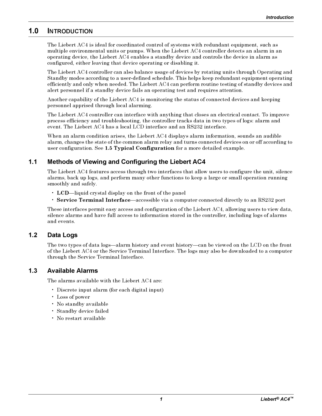 Emerson user manual Methods of Viewing and Configuring the Liebert AC4, Data Logs, Available Alarms, Introduction 