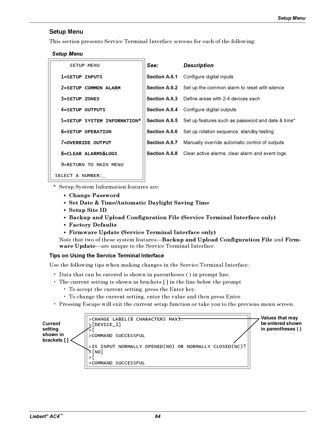 Emerson AC4 user manual Setup Menu, See Description, Tips on Using the Service Terminal Interface 