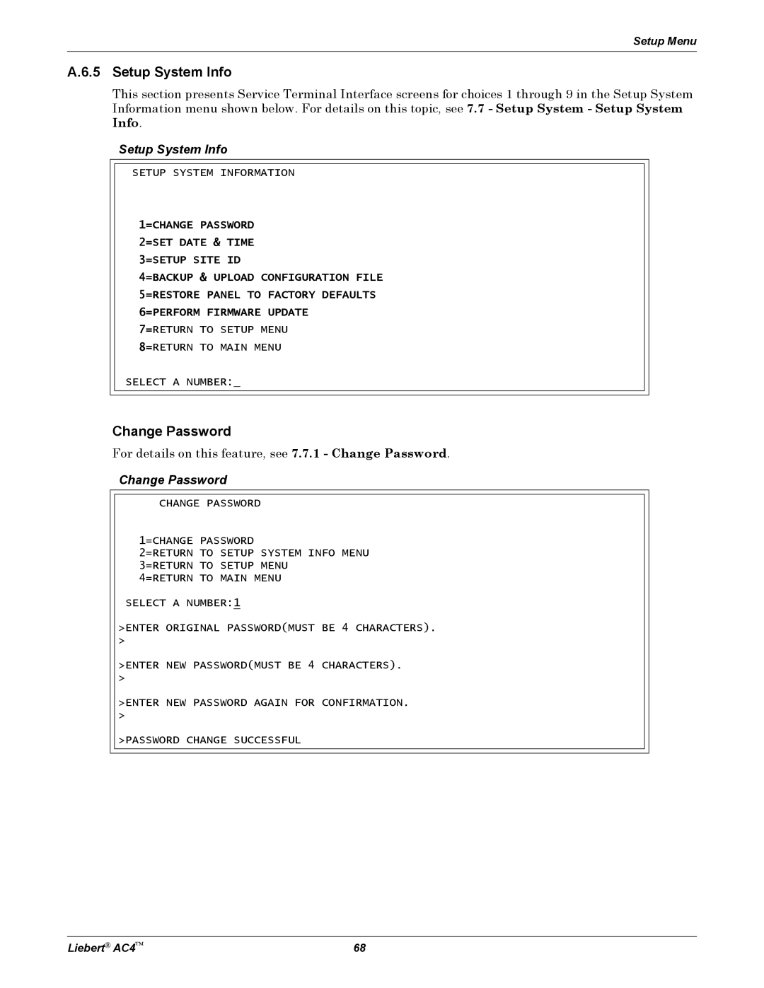 Emerson AC4 user manual Setup System Info, Change Password 